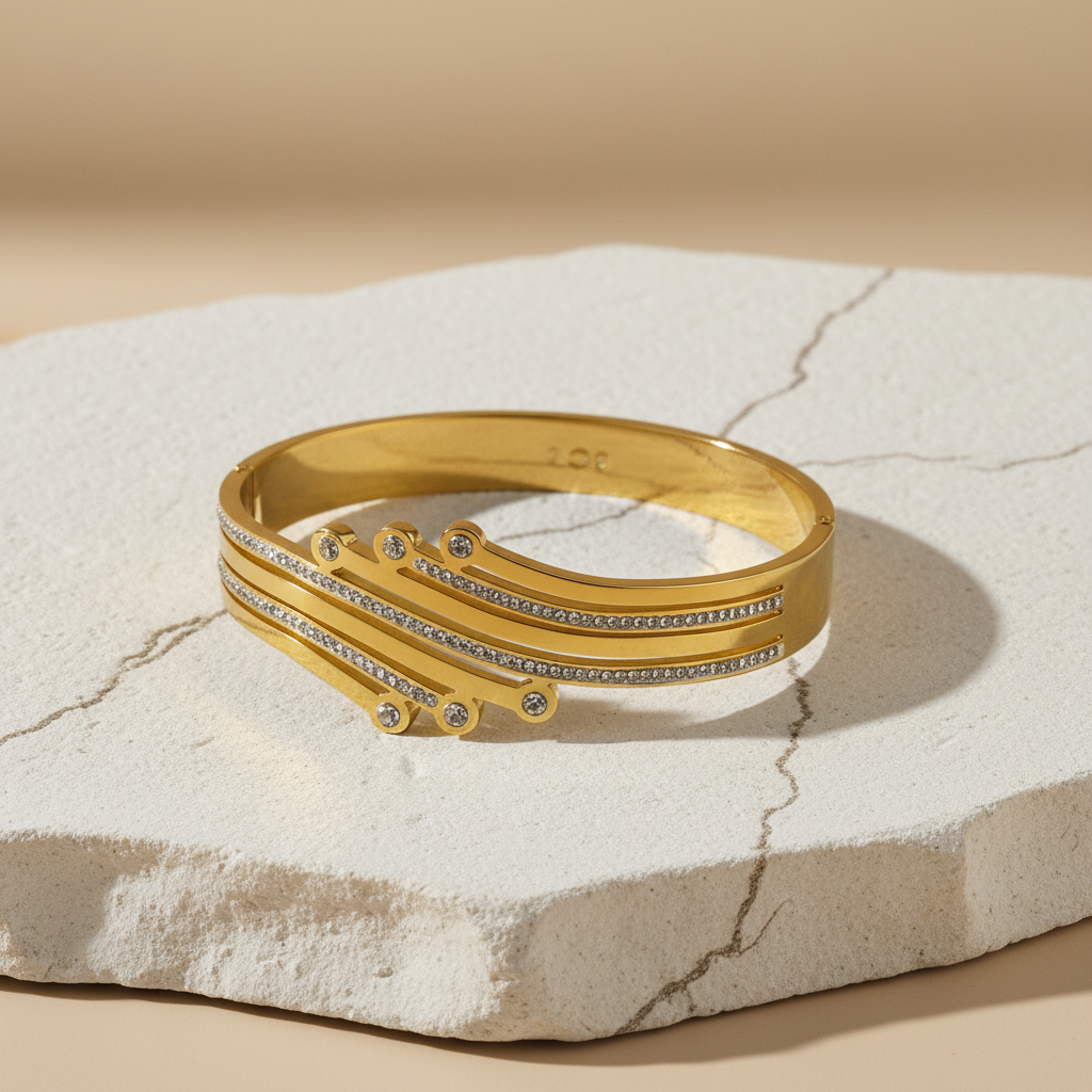 Gold Triple-Layer Diamond Bangle – Modern Curved Design Bracelet LB10201