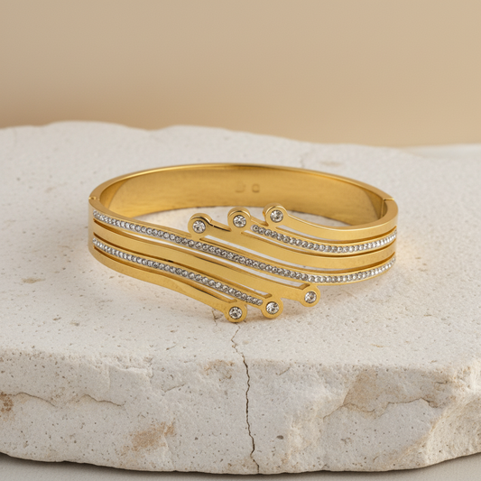 Gold Triple-Layer Diamond Bangle – Modern Curved Design Bracelet LB10201
