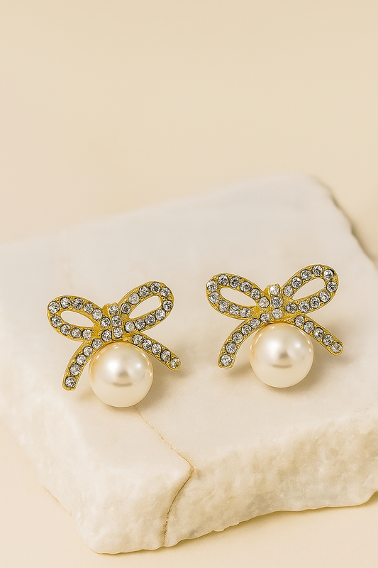 Gold-Plated Bow Pearl Stud Earrings for Women – Elegant Crystal Design LE10300