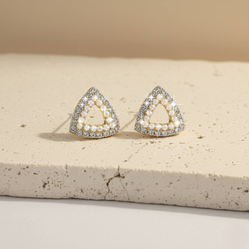 Triangle Pearl and Crystal Stud Earrings – Elegant Geometric Gold Statement LE10313