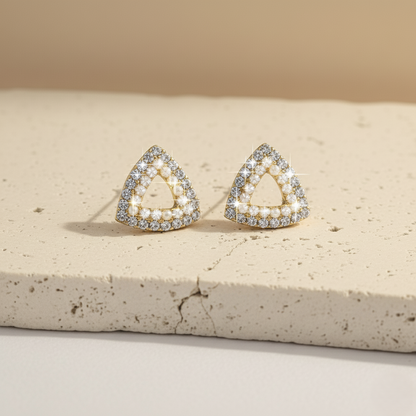 Triangle Pearl and Crystal Stud Earrings – Elegant Geometric Gold Statement LE10313