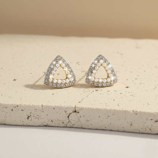 Triangle Pearl and Crystal Stud Earrings – Elegant Geometric Gold Statement LE10313