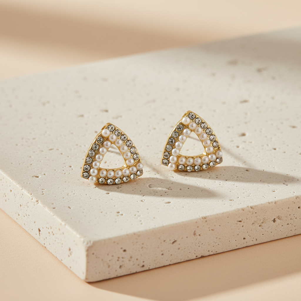 Triangle Pearl and Crystal Stud Earrings – Elegant Geometric Gold Statement LE10313