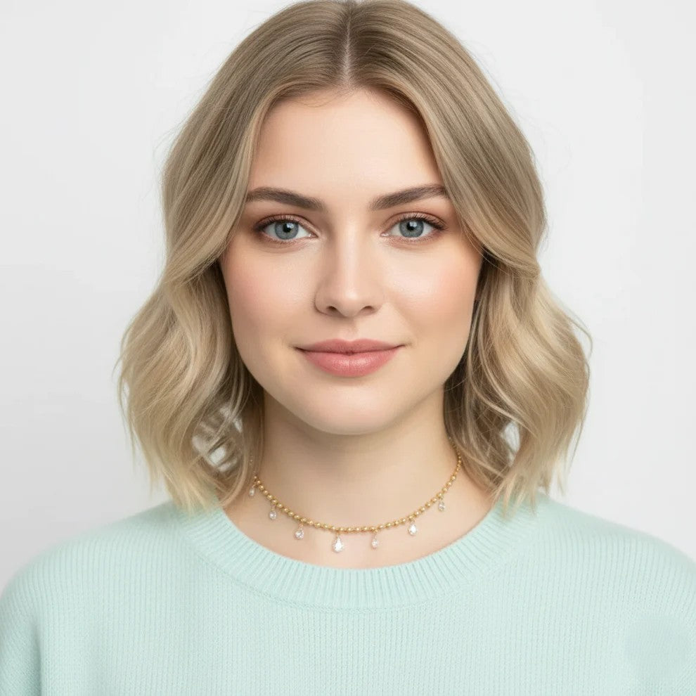 Gold Beaded Crystal Drop Choker – Elegant Dainty Choker Necklace for Women LN10311