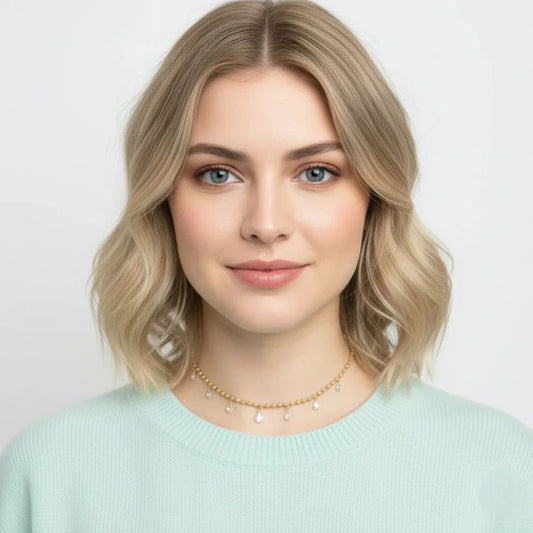 Gold Beaded Crystal Drop Choker – Elegant Dainty Choker Necklace for Women LN10311