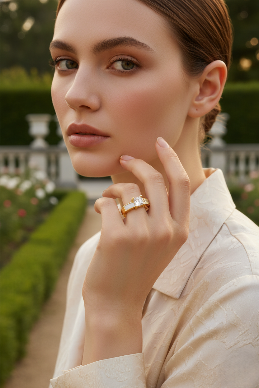 Gold Geometric Stone Ring LR10109