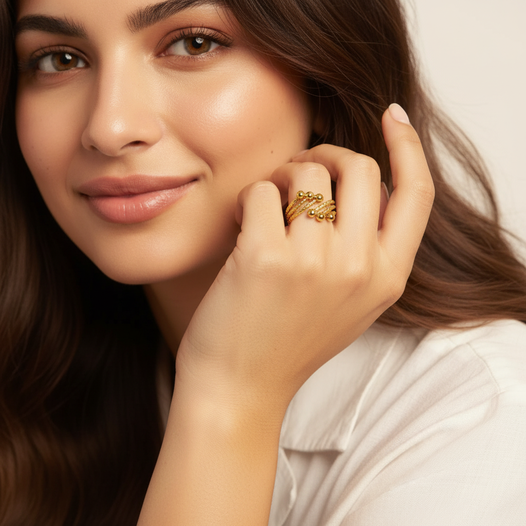 Multi Strand Beaded Orbit Ring in Gold LR10173