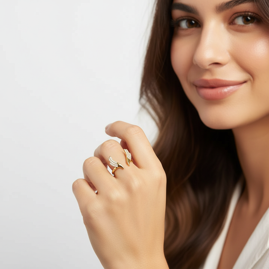 Angel Wing Gold Ring – Adjustable Diamond-Studded Open Ring for Women LR10186