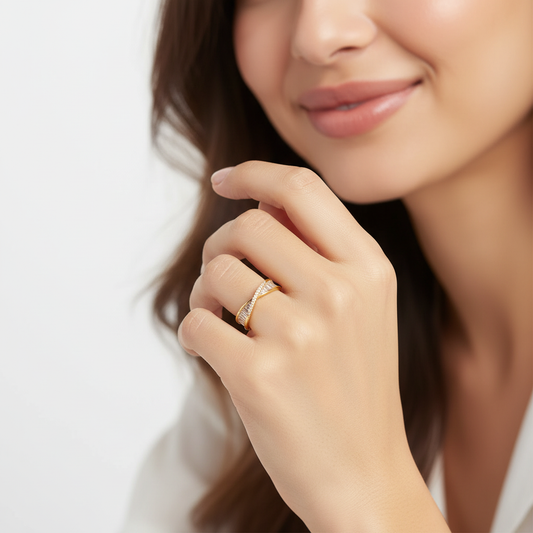 Baguette Crossover Gold Ring – Adjustable Modern Band with Crystal Detailing LR10187