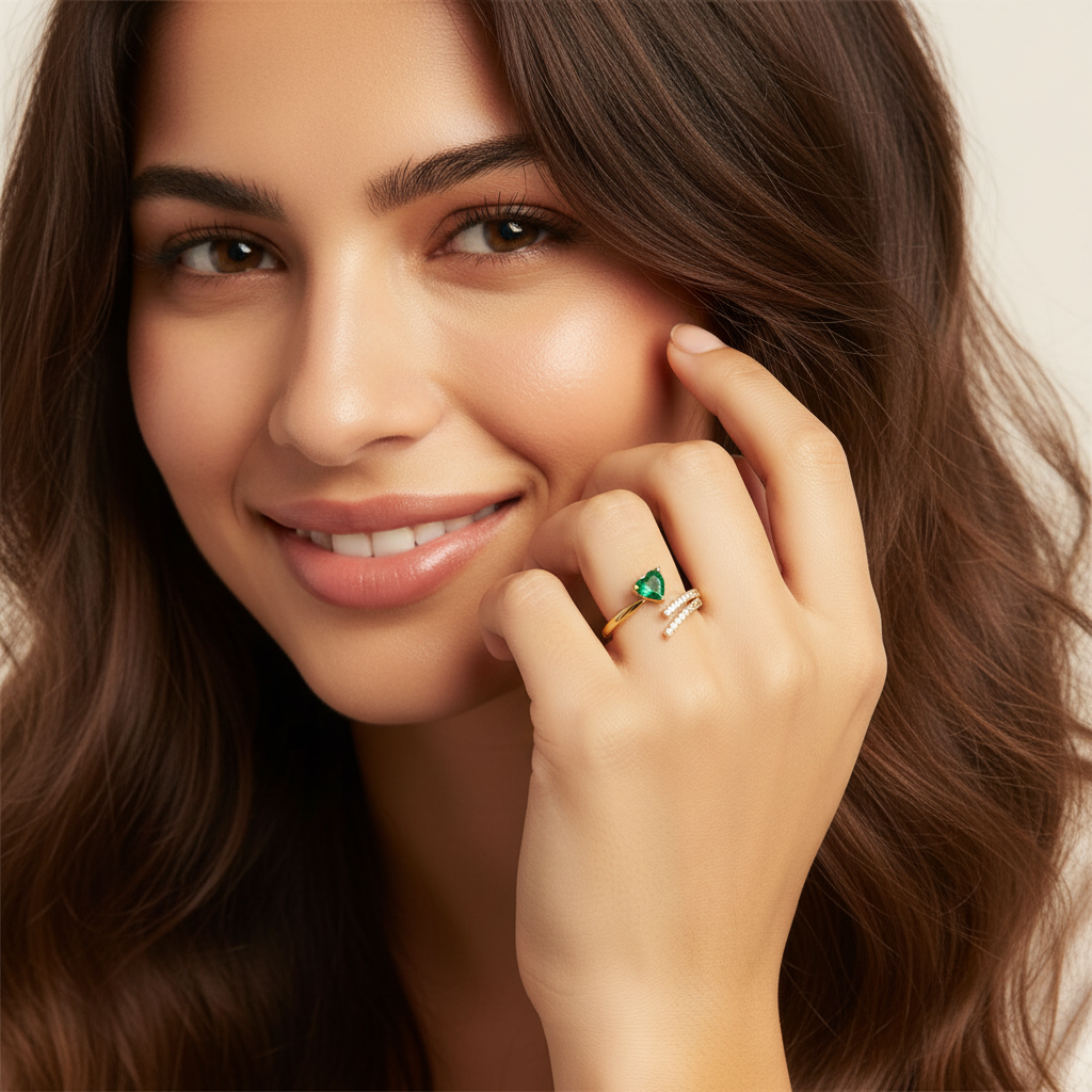 Emerald Heart Gold Ring – Adjustable Open Band with Green Stone & Crystals LR10189