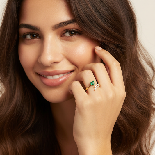 Emerald Heart Gold Ring – Adjustable Open Band with Green Stone & Crystals LR10189