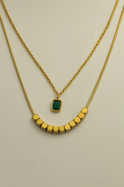Layered Gold Necklace with Green Stone Pendant | Elegant Women’s Jewelry LN10214