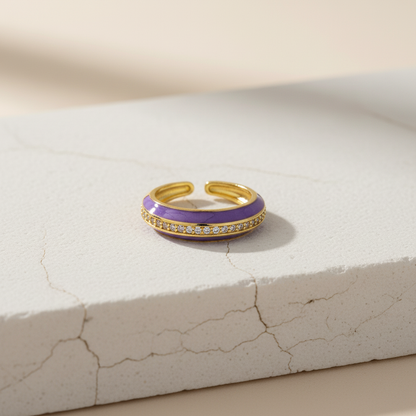 Lilac Enamel & Gold Adjustable Ring with Diamond Band LR10199