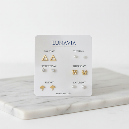 Lunavia Weekly Stud Earrings Set – 6-Pair Gold, Pearl & CZ Daily Wear Earrings for Women LE10357