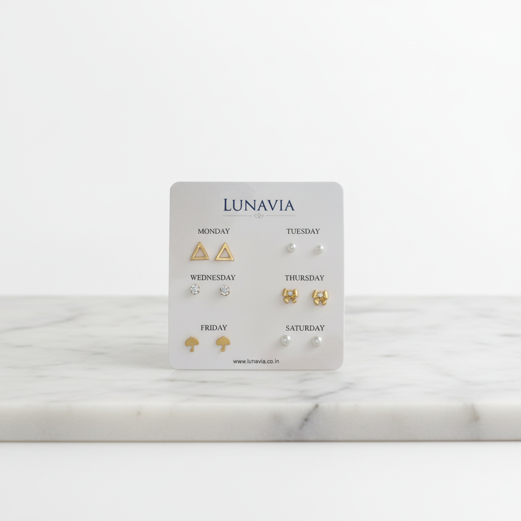 Lunavia Weekly Stud Earrings Set – 6-Pair Gold, Pearl & CZ Daily Wear Earrings for Women LE10357