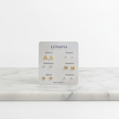 Lunavia Weekly Stud Earrings Set – 6-Pair Gold, Pearl & CZ Daily Wear Earrings for Women LE10357