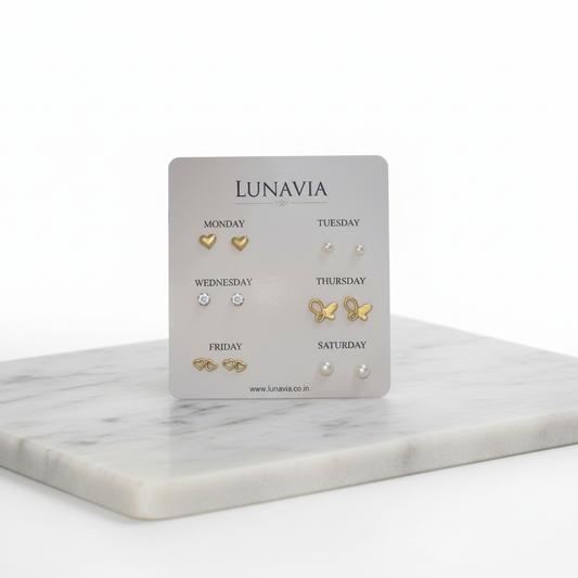 Lunavia Weekly Stud Earrings Set – 6-Pair Gold, Pearl & CZ Earrings for Women LE10359