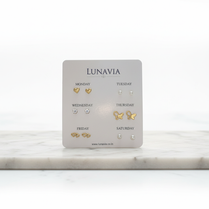 Lunavia Weekly Stud Earrings Set – 6-Pair Gold, Pearl & CZ Earrings for Women LE10359