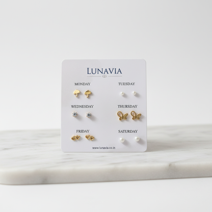 Lunavia Weekly Stud Earrings Set – 6-Pair Gold, Pearl & Daily Wear Earrings for Women LE10358