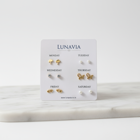 Lunavia Weekly Stud Earrings Set – 6-Pair Gold, Pearl & Daily Wear Earrings for Women LE10358
