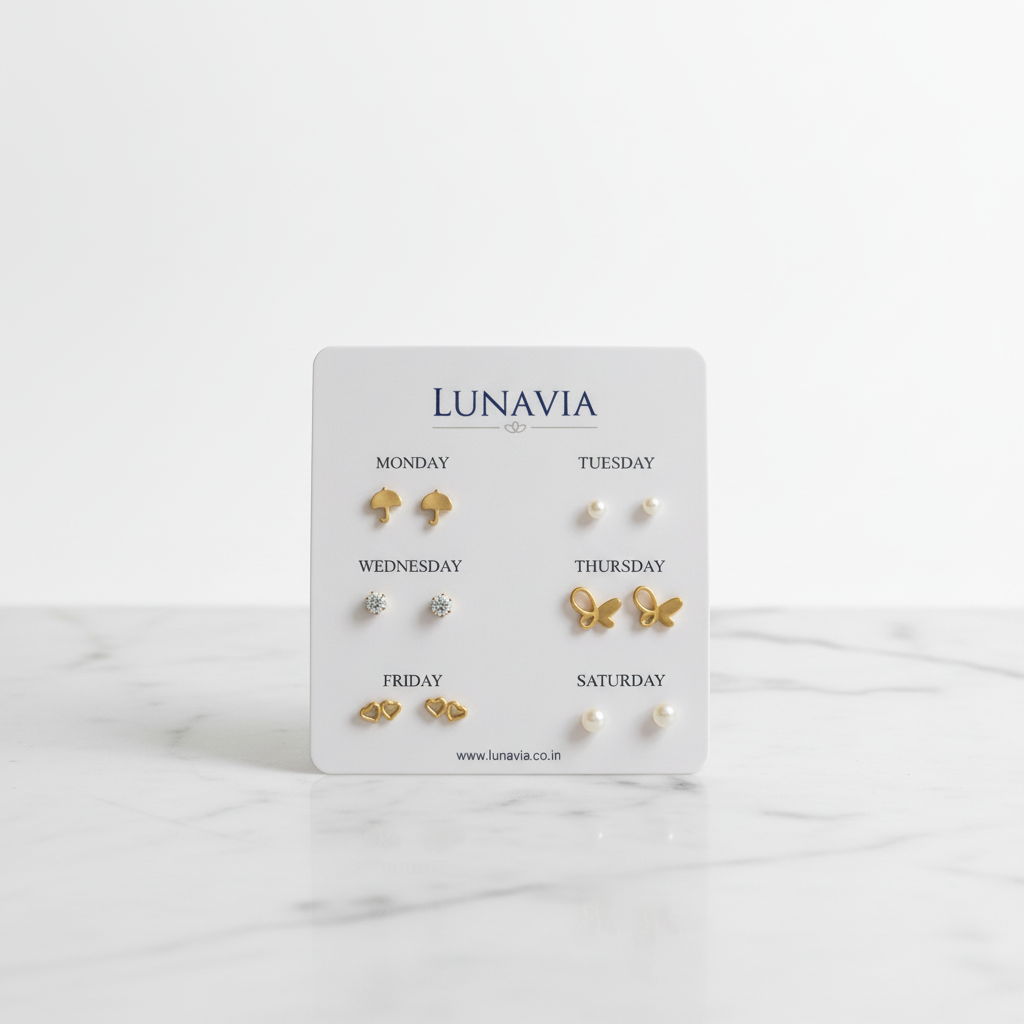 Lunavia Weekly Stud Earrings Set – 6-Pair Gold, Pearl & Daily Wear Earrings for Women LE10358