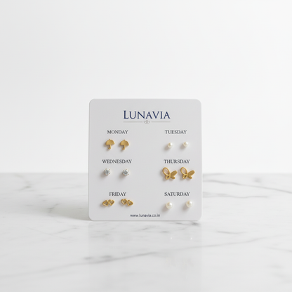 Lunavia Weekly Stud Earrings Set – 6-Pair Gold, Pearl & Daily Wear Earrings for Women LE10358