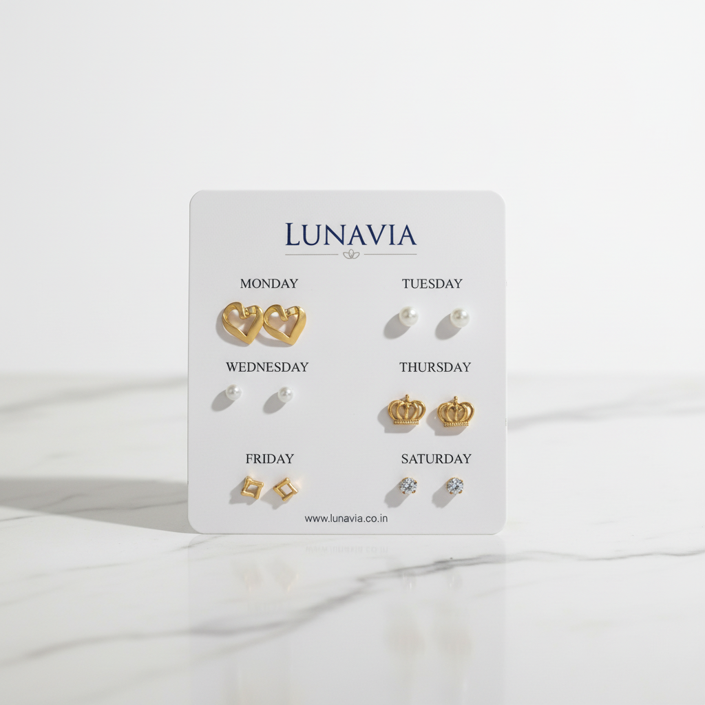Lunavia Weekly Stud Earrings Set – 6 Pairs of Premium Gold & Pearl Daily Wear Earrings LE10356