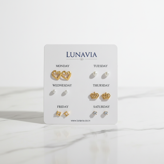 Lunavia Weekly Stud Earrings Set – 6 Pairs of Premium Gold & Pearl Daily Wear Earrings LE10356