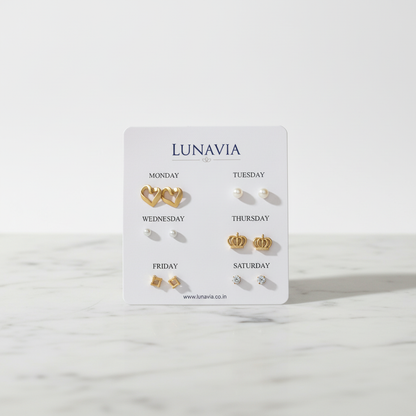 Lunavia Weekly Stud Earrings Set – 6 Pairs of Premium Gold & Pearl Daily Wear Earrings LE10356