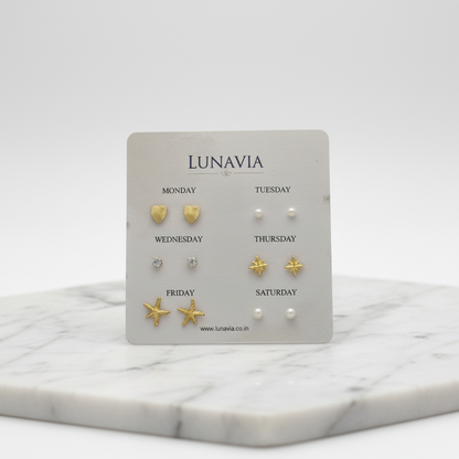 6-Pair Everyday Stud Earring Set – Minimal Gold & Pearl Designs for Each Day LE10337