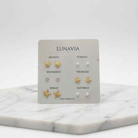 6-Pair Everyday Stud Earring Set – Minimal Gold & Pearl Designs for Each Day LE10337