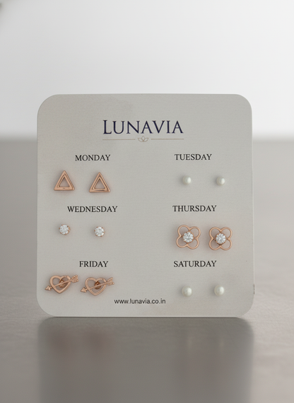 Lunavia 6-Pair Everyday Stud Earring Set – Minimalist Weekly Collection LE10328