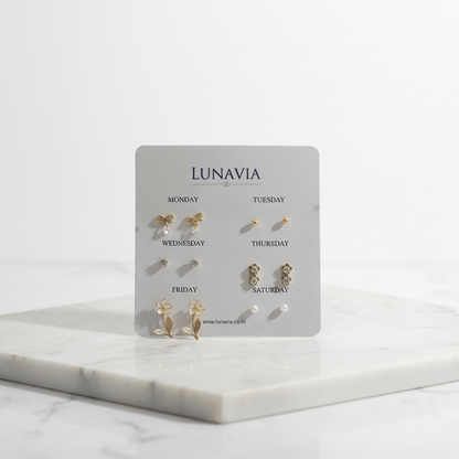 6-Pair Gold & Pearl Weekly Stud Earring Set – Elegant Minimal Design for Everyday Style LE10339