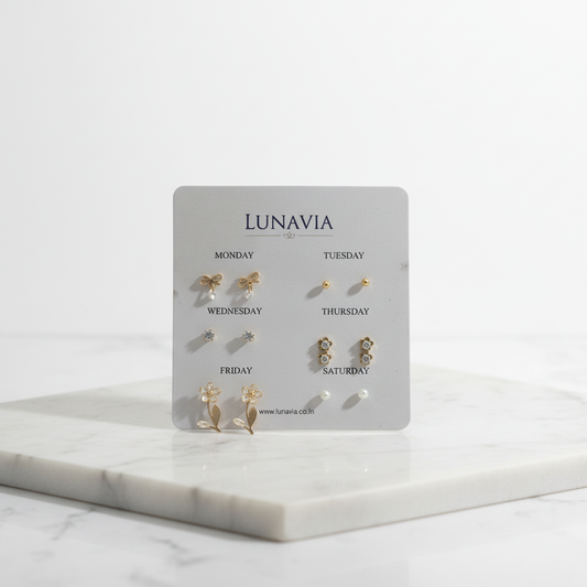 6-Pair Gold & Pearl Weekly Stud Earring Set – Elegant Minimal Design for Everyday Style LE10339