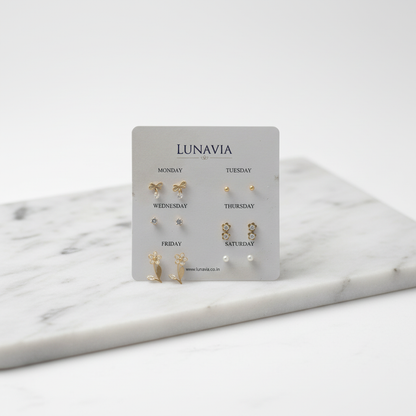 6-Pair Gold & Pearl Weekly Stud Earring Set – Elegant Minimal Design for Everyday Style LE10339