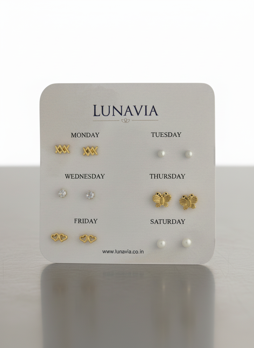 Lunavia 6-Pair Gold Plated Stud Earring Set – Elegant Daily Wear Collection for Women LE10332
