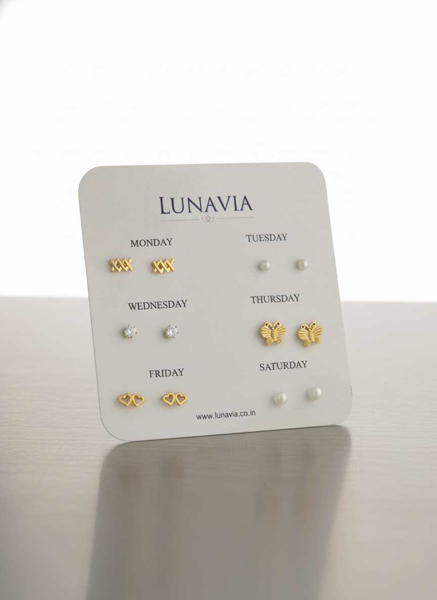 Lunavia 6-Pair Gold Plated Stud Earring Set – Elegant Daily Wear Collection for Women LE10332