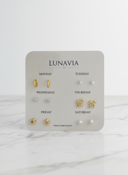 Lunavia 6-Pair Gold Plated Stud Earring Set – Minimalist Everyday Earrings for Women LE10334