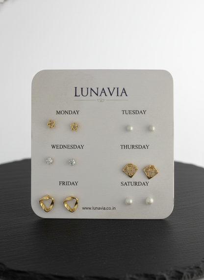 Lunavia 6-Pair Gold Stud Earring Set – Elegant Minimalist Earrings for Everyday Wear LE10336