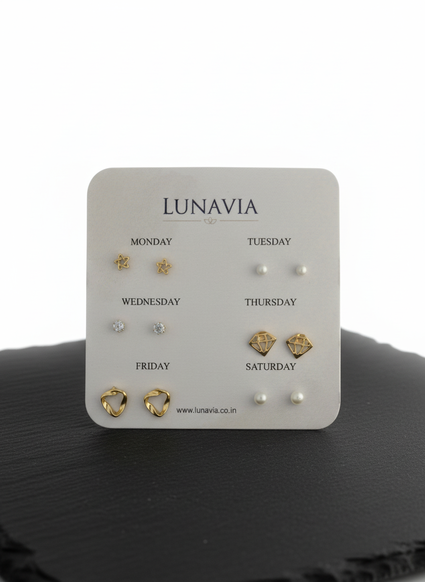 Lunavia 6-Pair Gold Stud Earring Set – Elegant Minimalist Earrings for Everyday Wear LE10336
