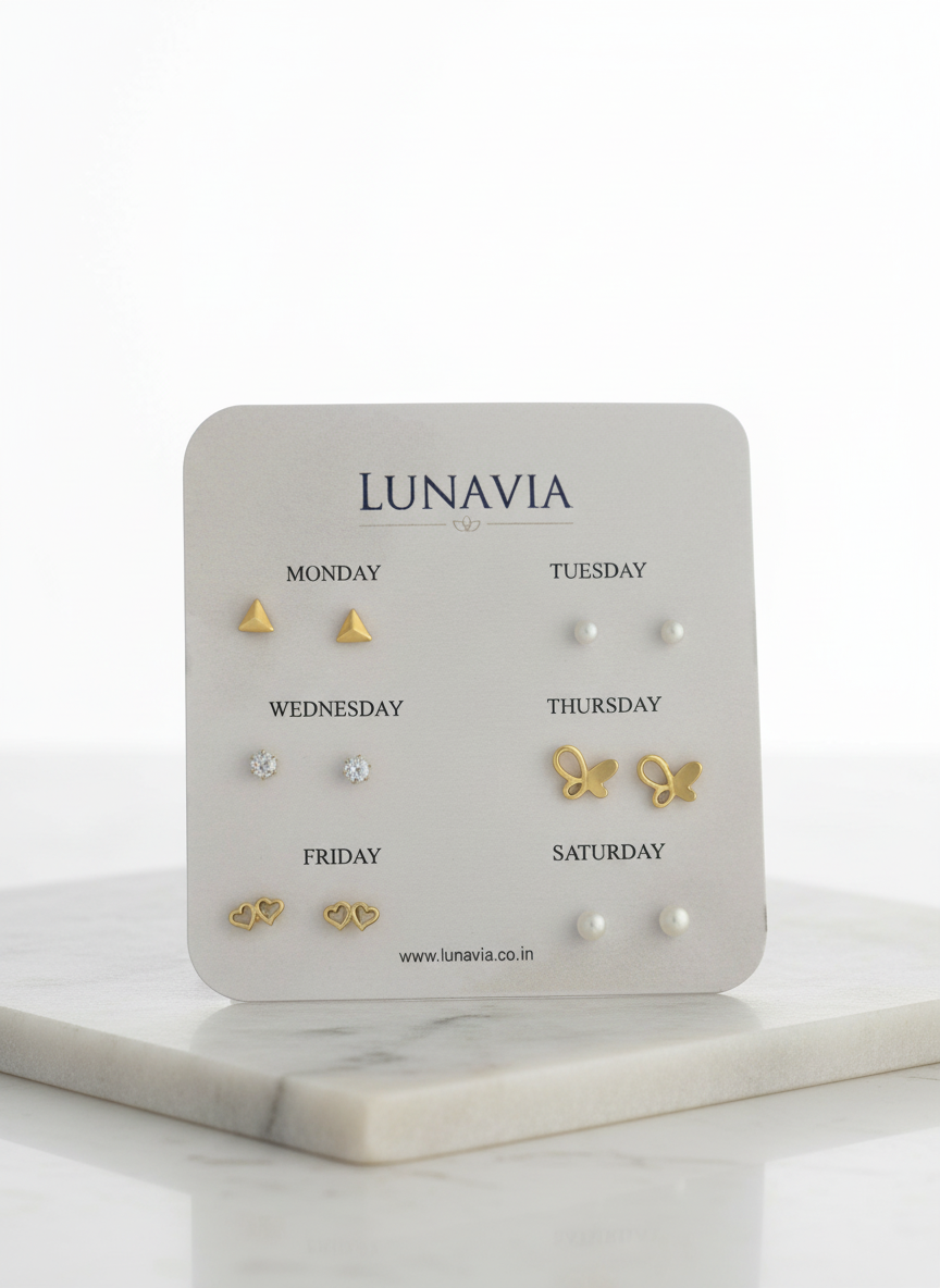 Lunavia 6-Pair Gold Stud Earring Set – Minimal Daily Wear Collection for Women LE10330
