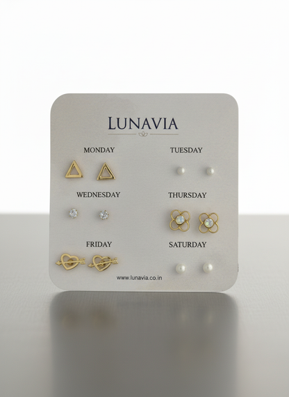 Lunavia 6-Pair Minimal Gold Stud Earring Set – Elegant Daily Wear Collection LE10329