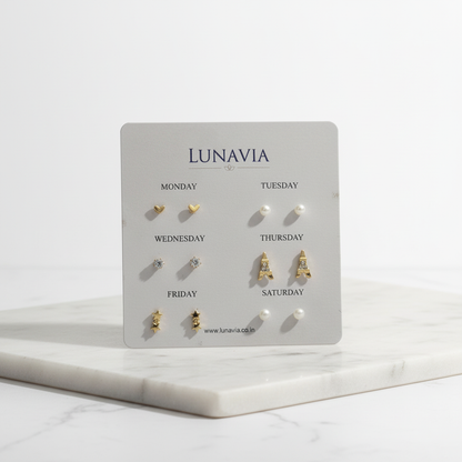 6-Pair Weekly Stud Earring Set – Elegant Gold & Pearl Minimal Designs for Everyday Wear LE10338