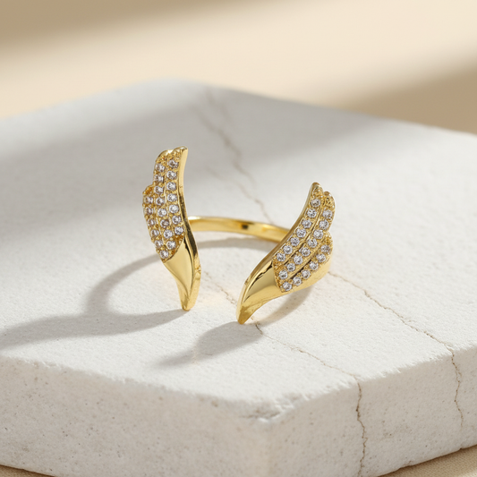 Angel Wing Gold Ring – Adjustable Diamond-Studded Open Ring for Women LR10186
