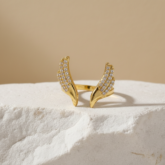 Angel Wing Gold Ring – Adjustable Diamond-Studded Open Ring for Women LR10186