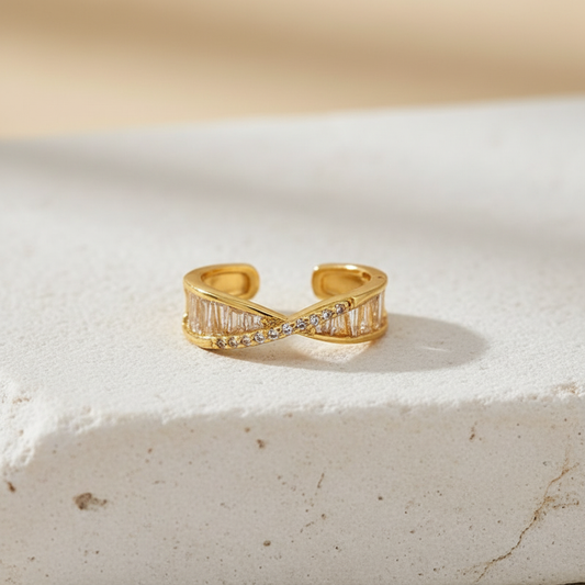 Baguette Crossover Gold Ring – Adjustable Modern Band with Crystal Detailing LR10187