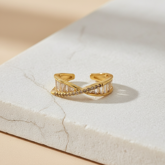 Baguette Crossover Gold Ring – Adjustable Modern Band with Crystal Detailing LR10187