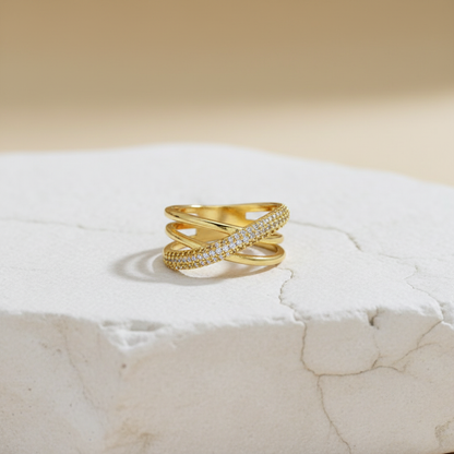 Criss-Cross Gold Ring – Elegant Crossover Crystal Band for Women LR10184