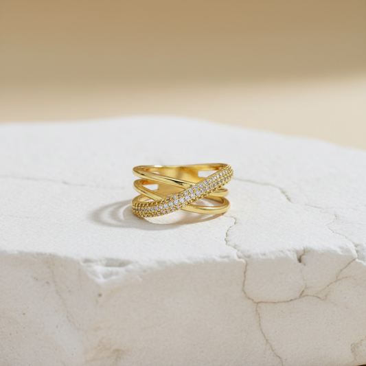 Criss-Cross Gold Ring – Elegant Crossover Crystal Band for Women LR10184