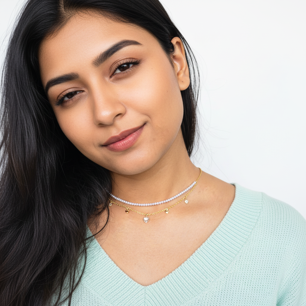 Dual-Layer Pearl and Heart Charm Choker – Elegant Gold Choker Necklace for Women LN10307